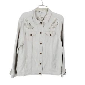 Charter Club Beige Embroidered Beaded Linen Jacket 2X Coastal Grandma 2X